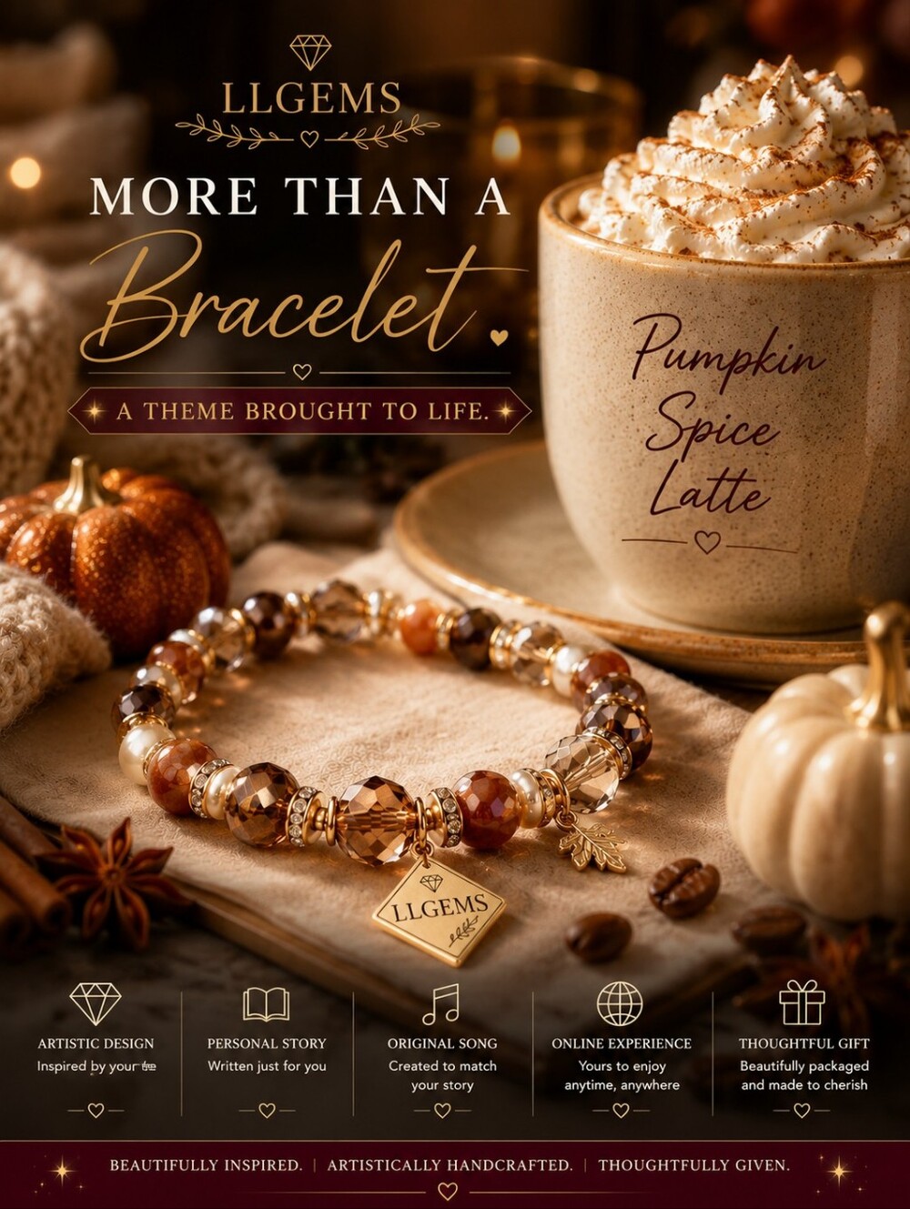 Pumpkin Spice Bracelet Fall Jewelry Beaded Gemstone Pearl Gift OOAK